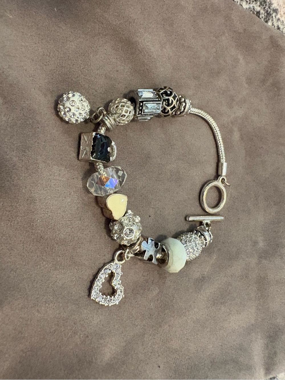 Silver Heart Charm Beaded Bracelet with Crystal Accents - Women Jewelry
